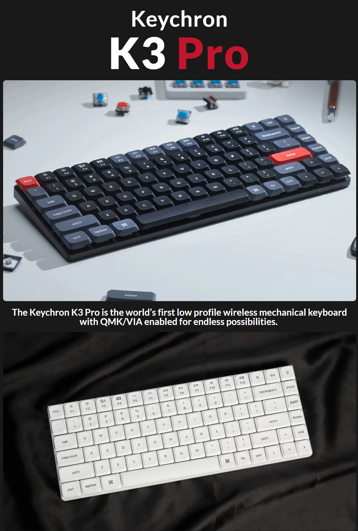 A large marketing image providing additional information about the product Keychron K3 Pro RGB QMK/VIA Wireless Custom Mechanical Keyboard - White (Red Switch) - Additional alt info not provided
